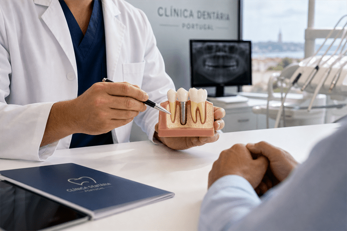 Dentista a explicar a longevidade dos implantes dentários com um modelo em consulta