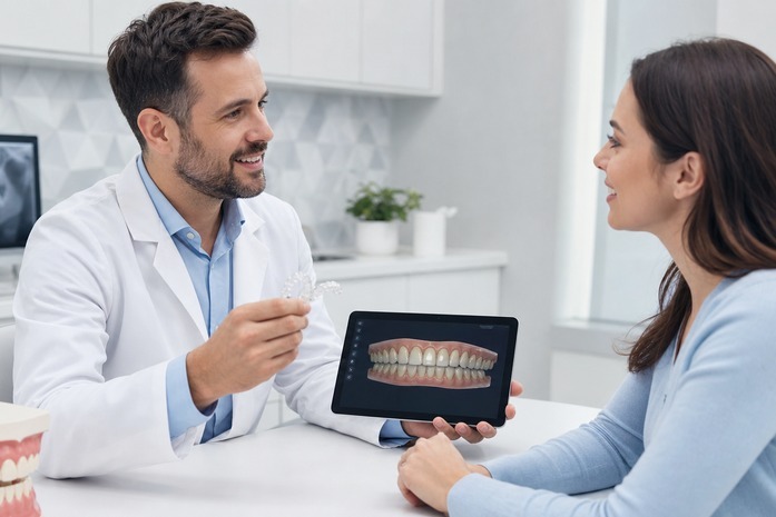 Consulta de ortodontia com alinhador transparente e planeamento digital