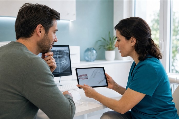 Consulta de ortodontia com paciente adulto e planeamento digital