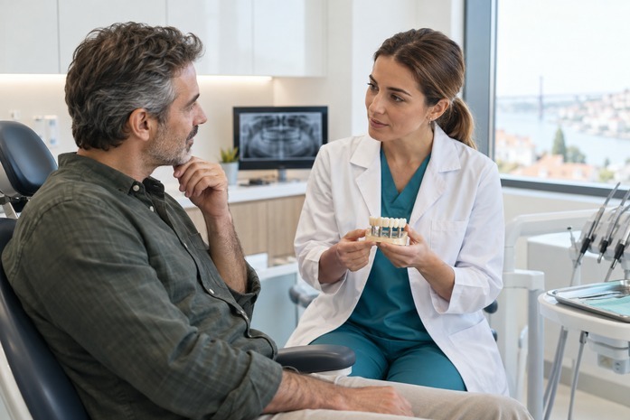 Consulta de reabilitação oral com paciente adulto e modelo dentário